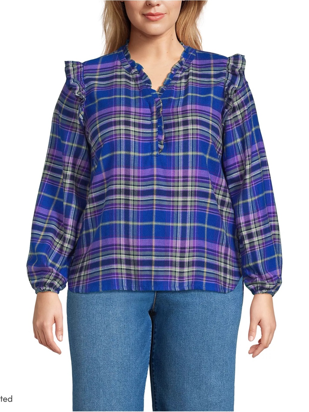 Lands' End | Women's Plus Size Ruffle Front Flannel Popover Blouse Bright Grape